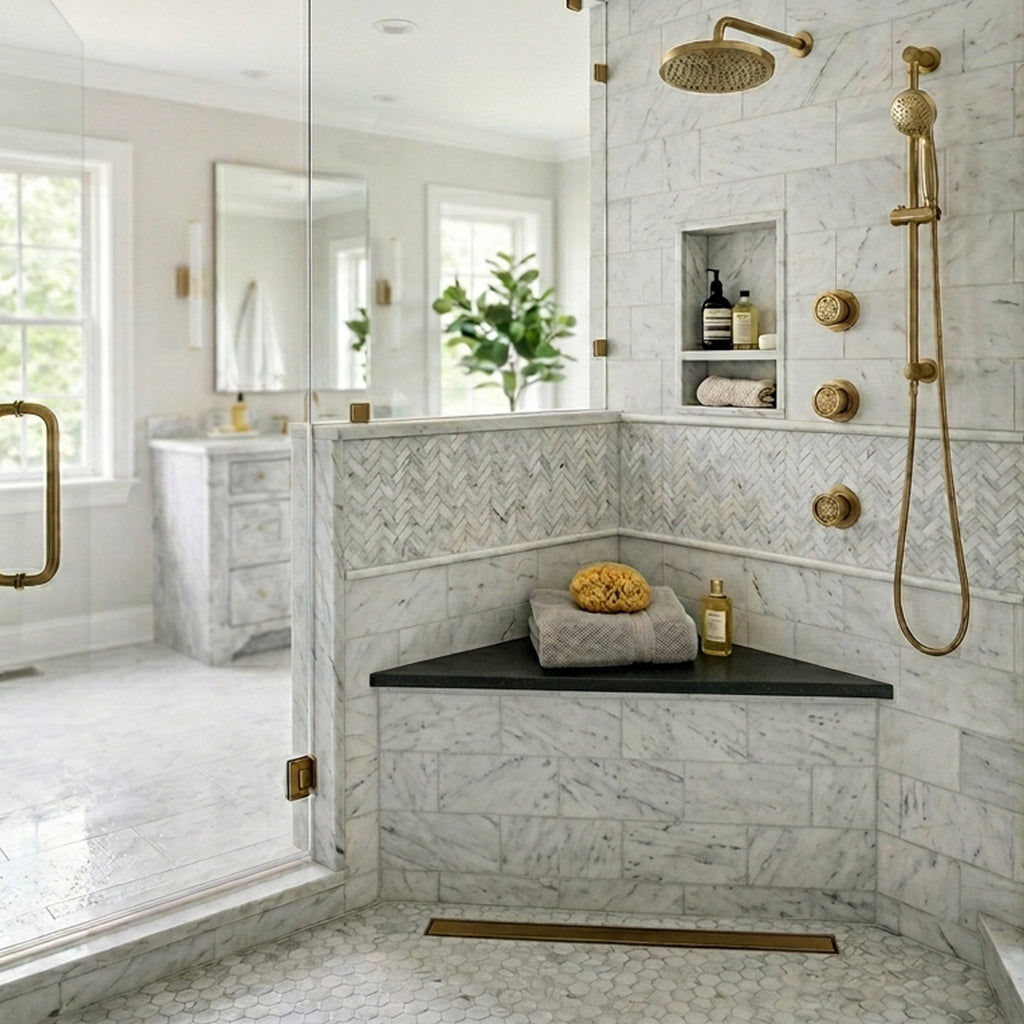 Absolute Black Granite Stone Triangle Corner Shower Seat Matte Finish