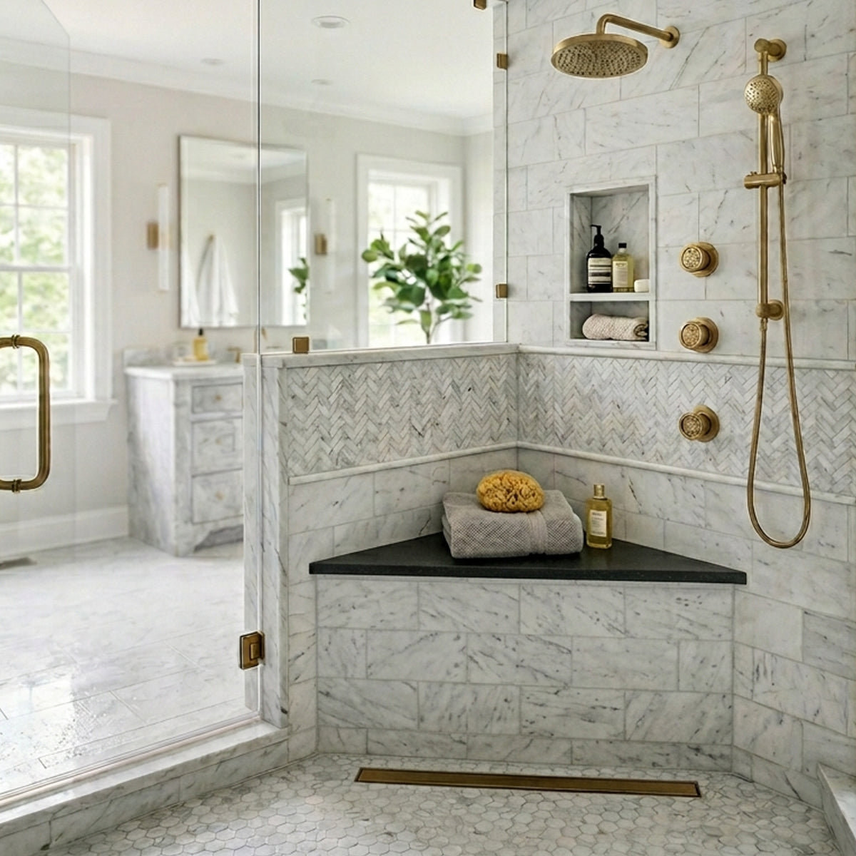 Absolute Black Granite Stone Triangle Corner Shower Seat Matte Finish
