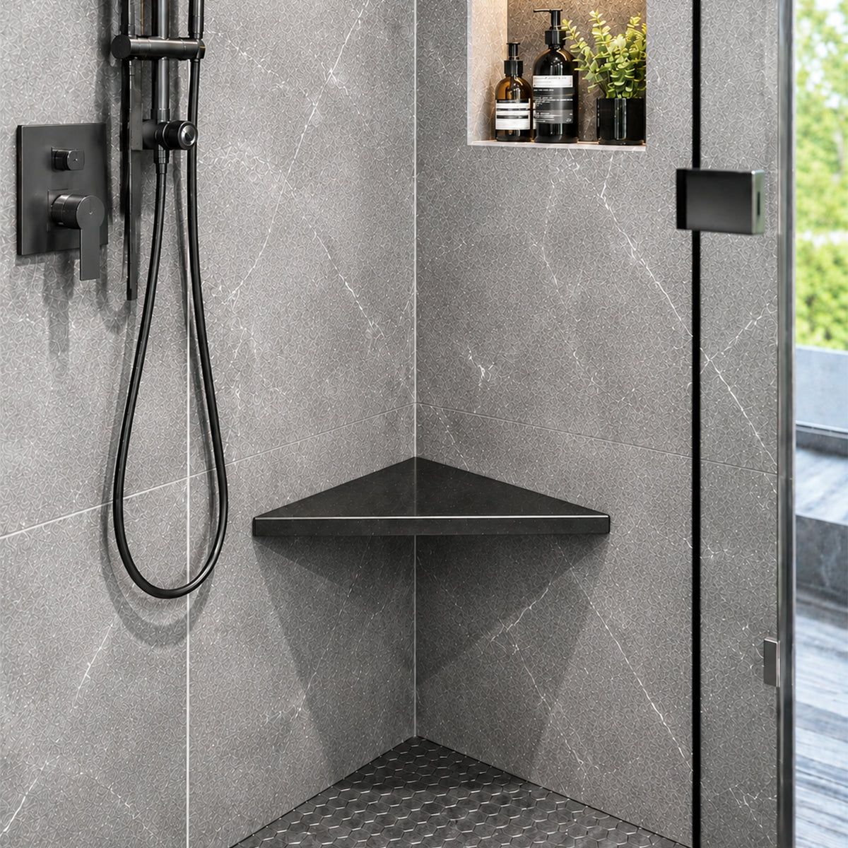 Absolute Black Granite Stone Triangle Corner Shower Seat Polished Finish