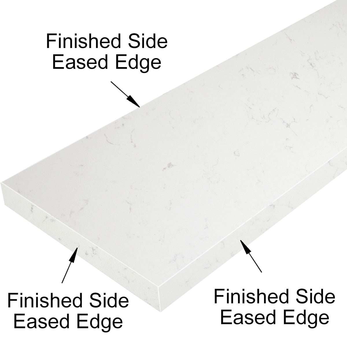 Bianco Carrara white quartz engineered stone knee wall cap with polished finish and gray veining