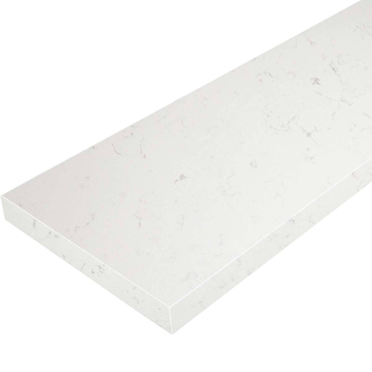 Bianco Carrara white quartz knee wall cap with polished finish and gray veining