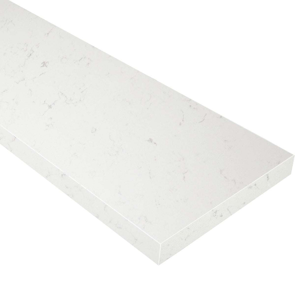 Bianco Carrara white quartz engineered stone knee wall cap with polished finish and gray veining