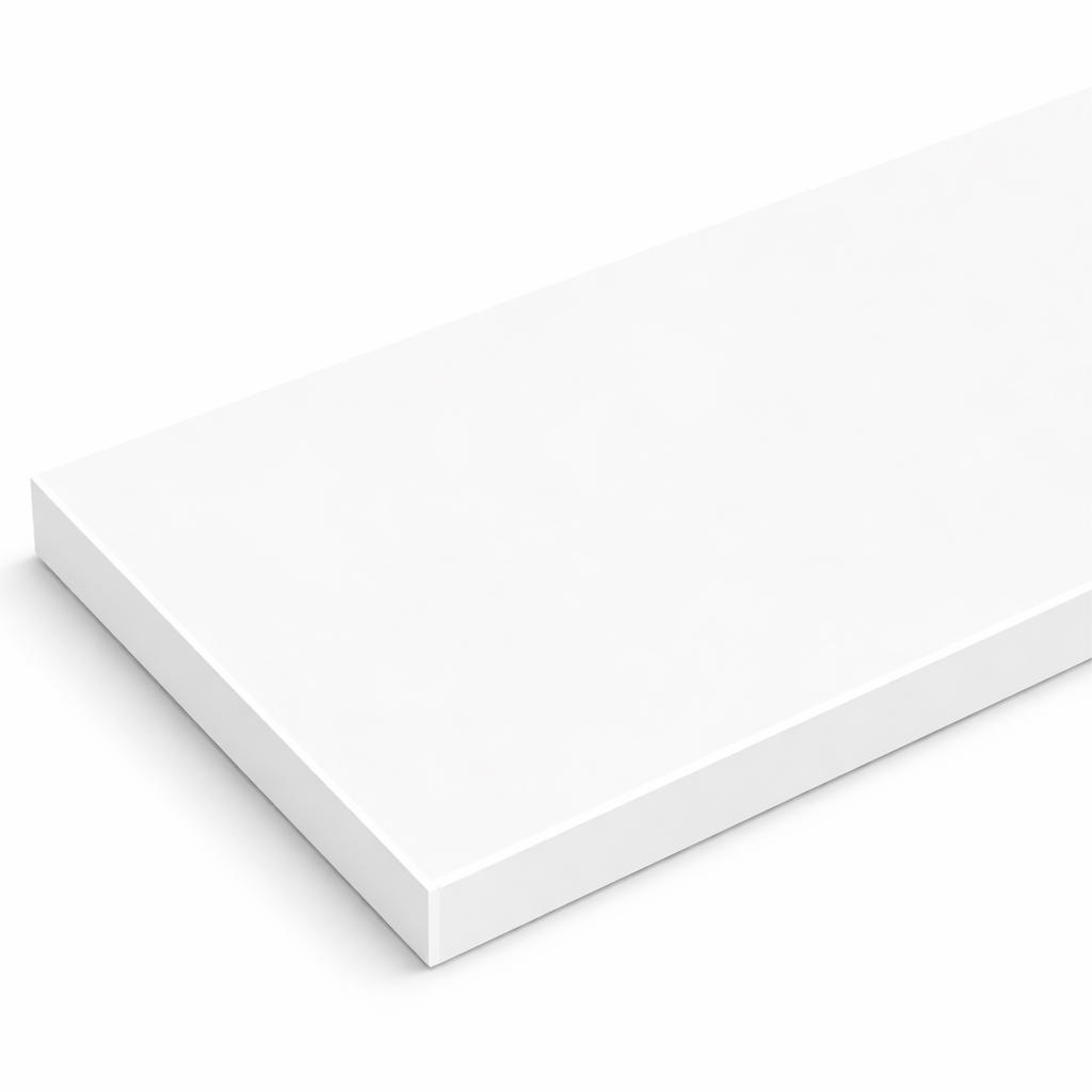 Bright white polished quartz engineered stone knee wall cap with beveled edges and 3/4 inch thickness for shower and wall protection