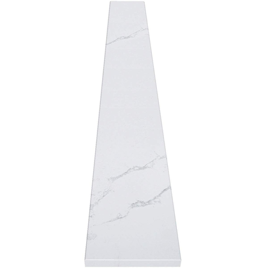 Calacata White Stone polished quartz knee wall cap with gray veining and beveled edges