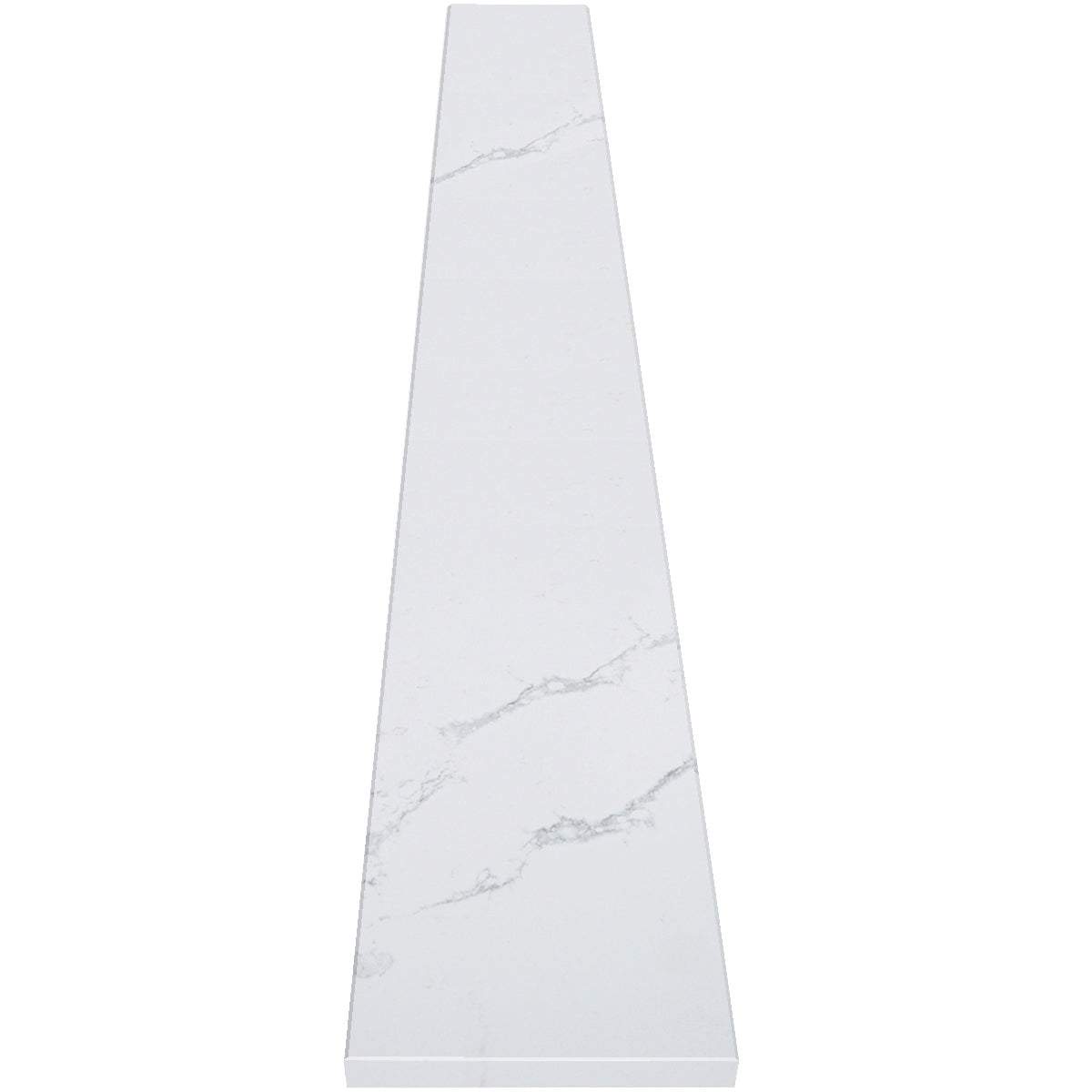 Calacata White Stone polished quartz knee wall cap with gray veining and beveled edges