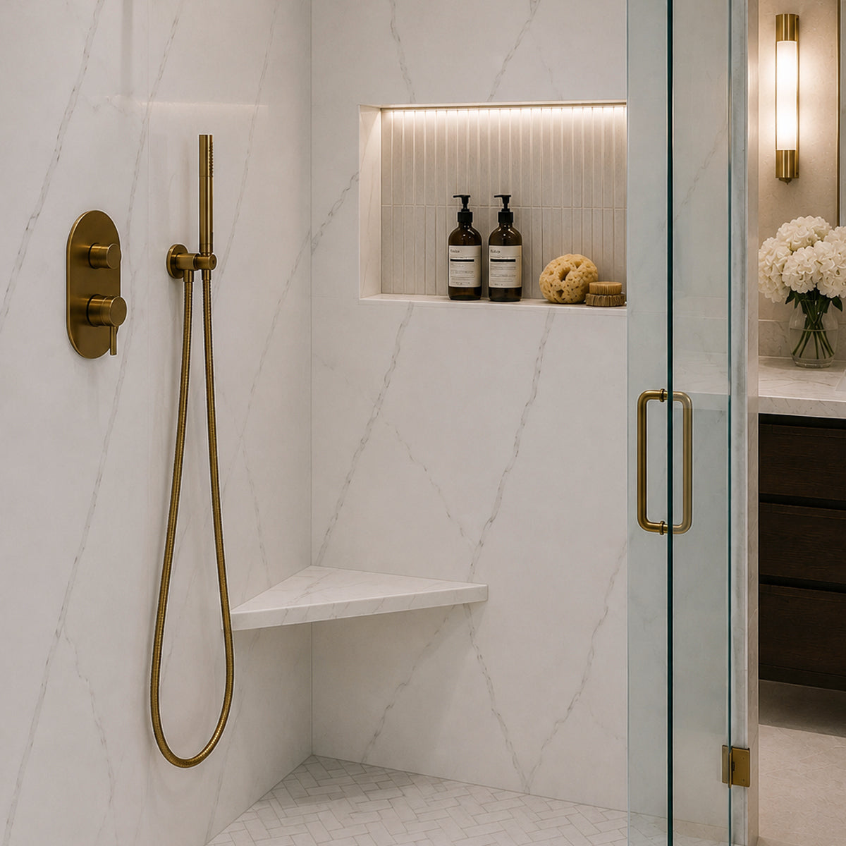 Calacatta White Stone Triangle Corner Shower Seat