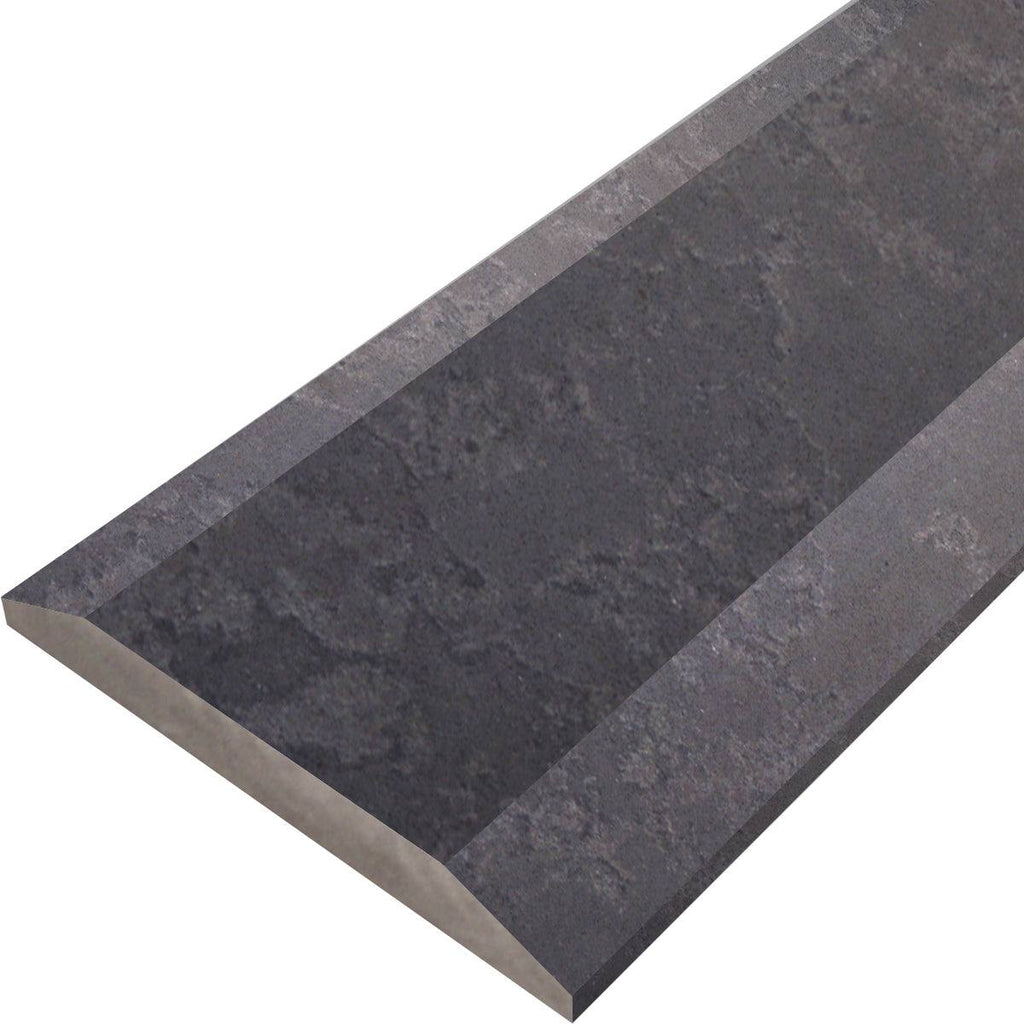 Dark grey stone quartz ADA saddle threshold with honed finish and beveled edges for floor transition