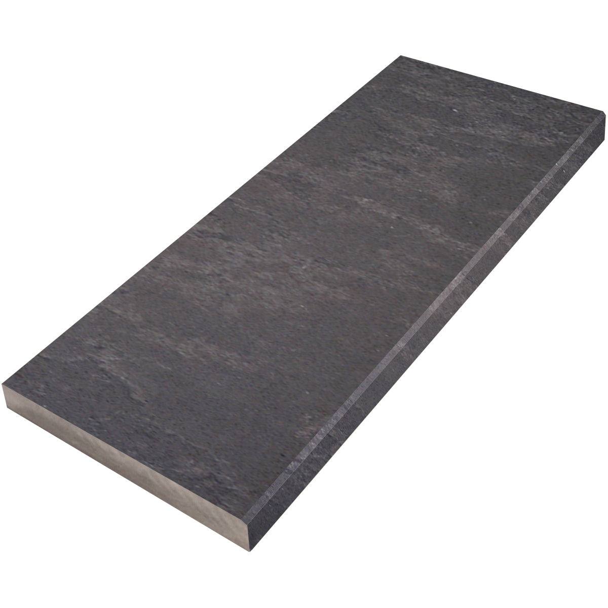 Dark grey quartz engineered stone niche shelf with honed finish and beveled edge