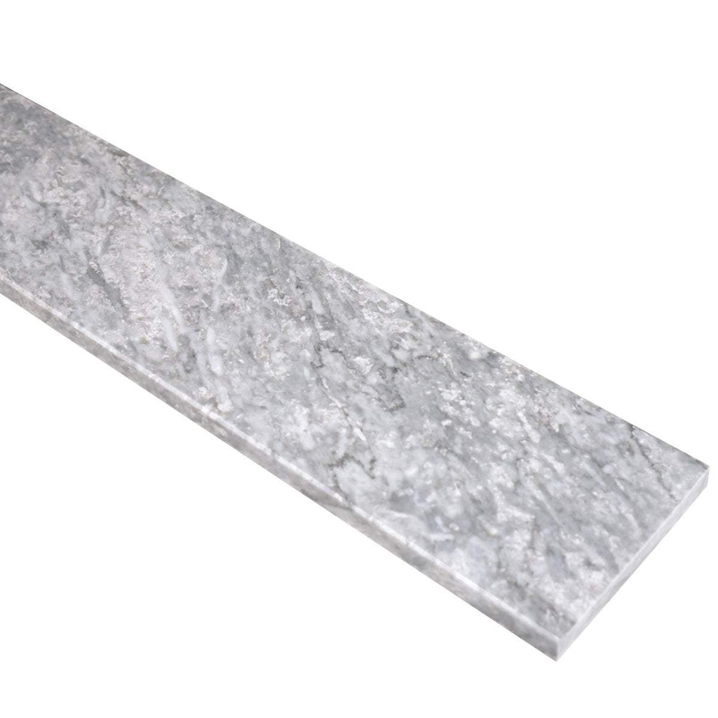 Chelsea Grey Marble shower curb with polished grey veining and beveled edges