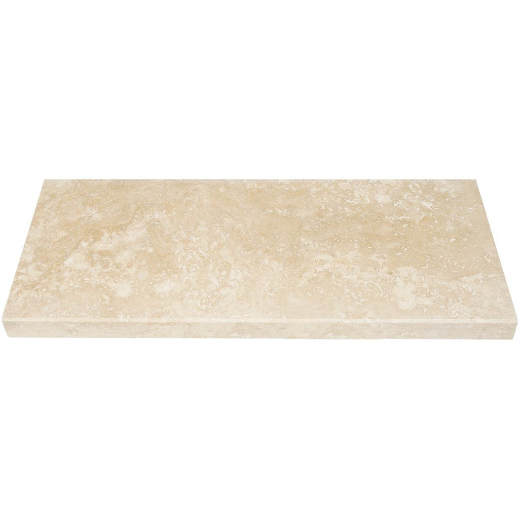 Light beige travertine stone niche shelf with matte finish and beveled edges for shower storage