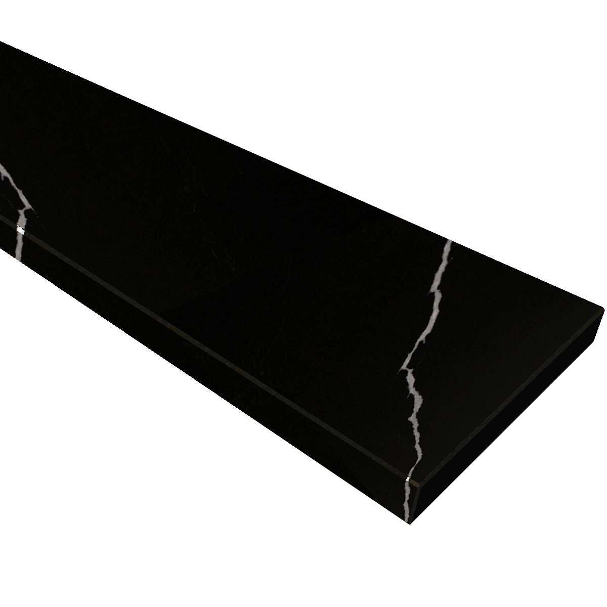 Nero Marquina black quartz stone knee wall cap with polished finish and white veining