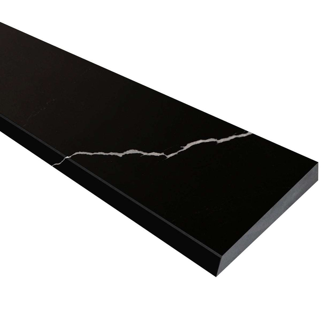 Nero Marquino black quartz stone shower curb with polished finish and beveled edges for water containment in modern bathrooms