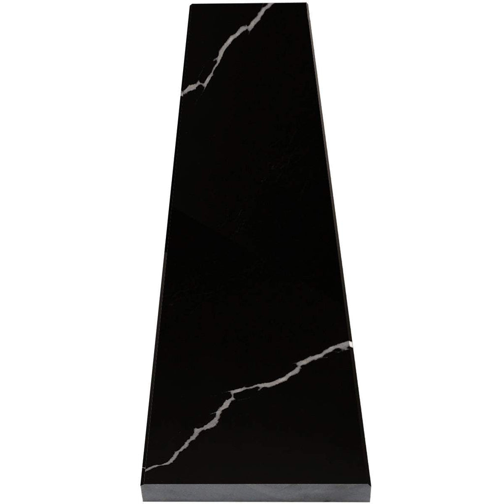 Nero Marquino Quartz Engineered Stone Saddle Threshold in polished black with white veining, 3/4 inch thickness, perfect for flooring transitions.