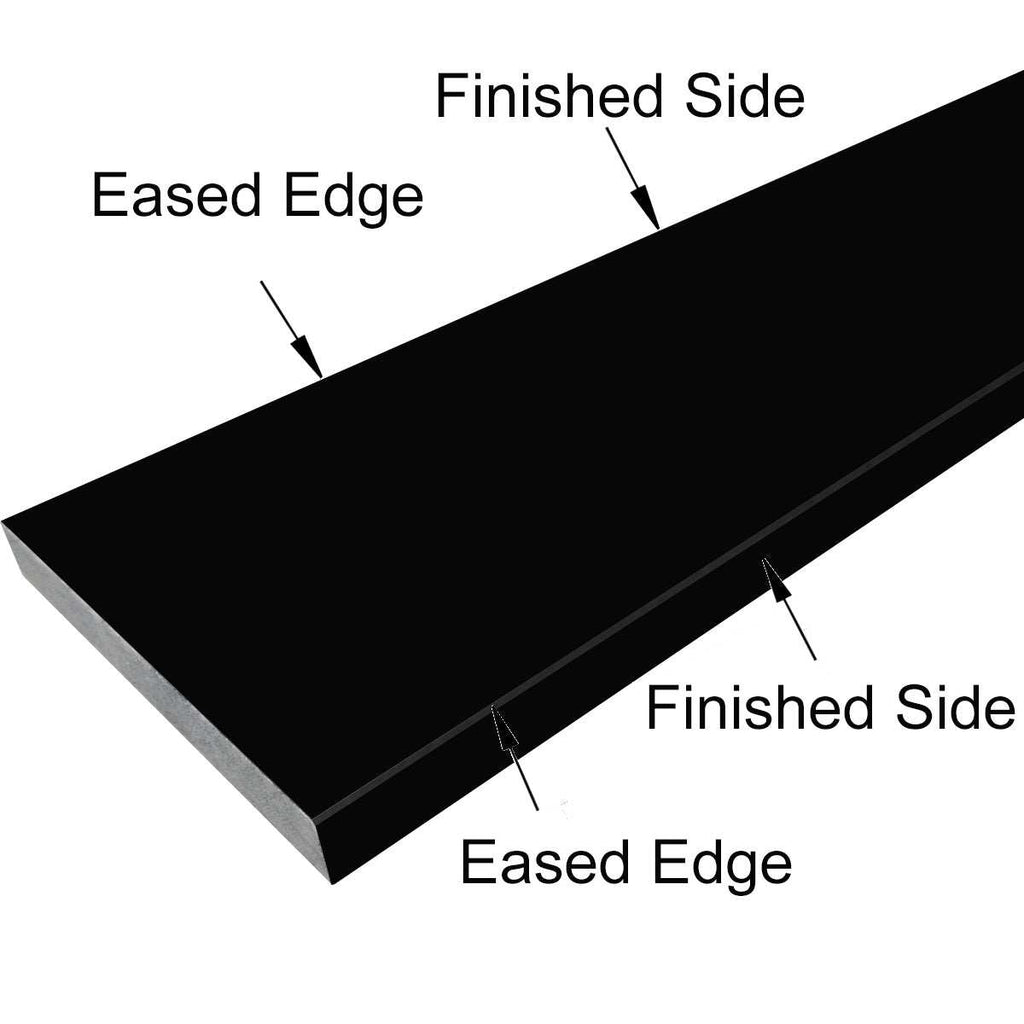 Black quartz engineered stone saddle threshold with polished finish and beveled edges