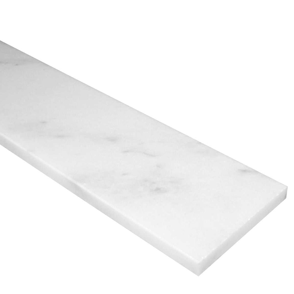 White marble stone shower curb with polished finish and beveled edges for tiled and glass showers