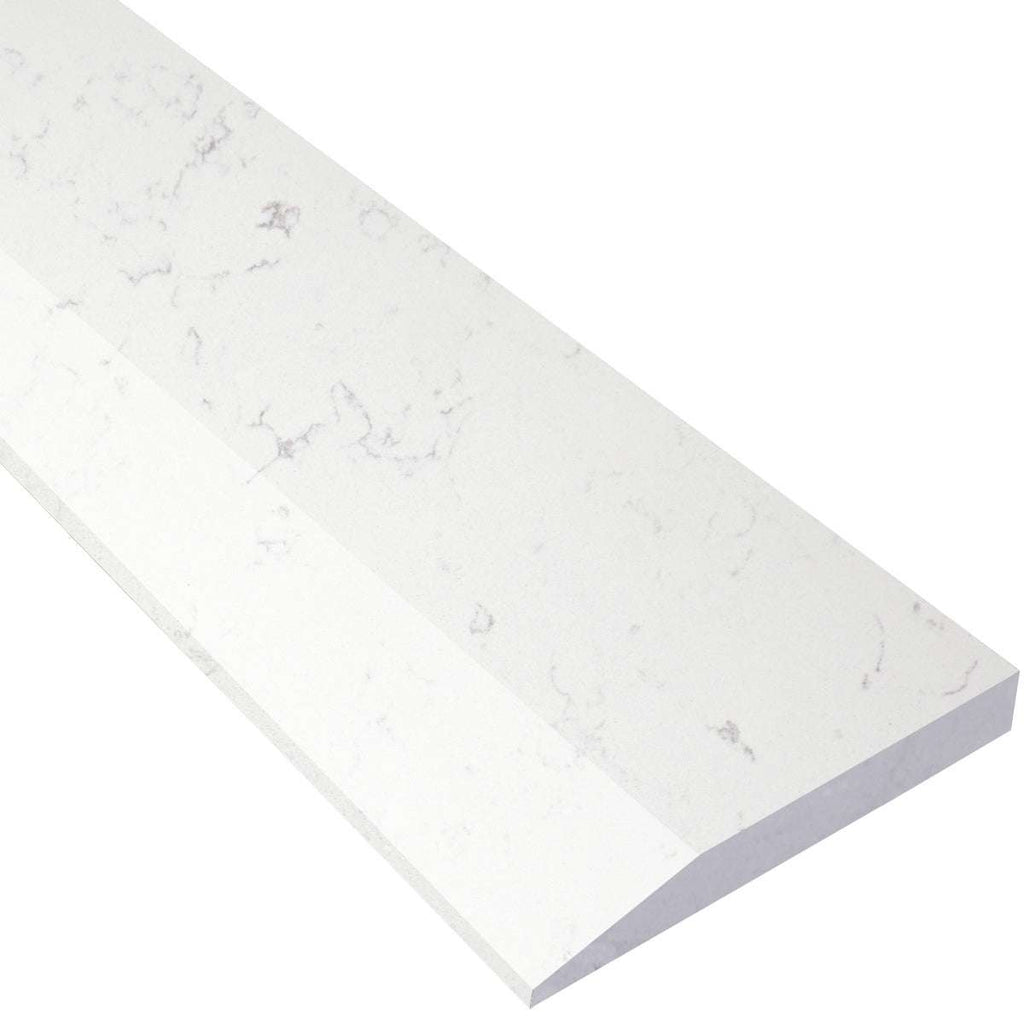 Bianco Carrara stone white quartz engineered saddle threshold with polished finish and beveled edge for smooth floor transitions