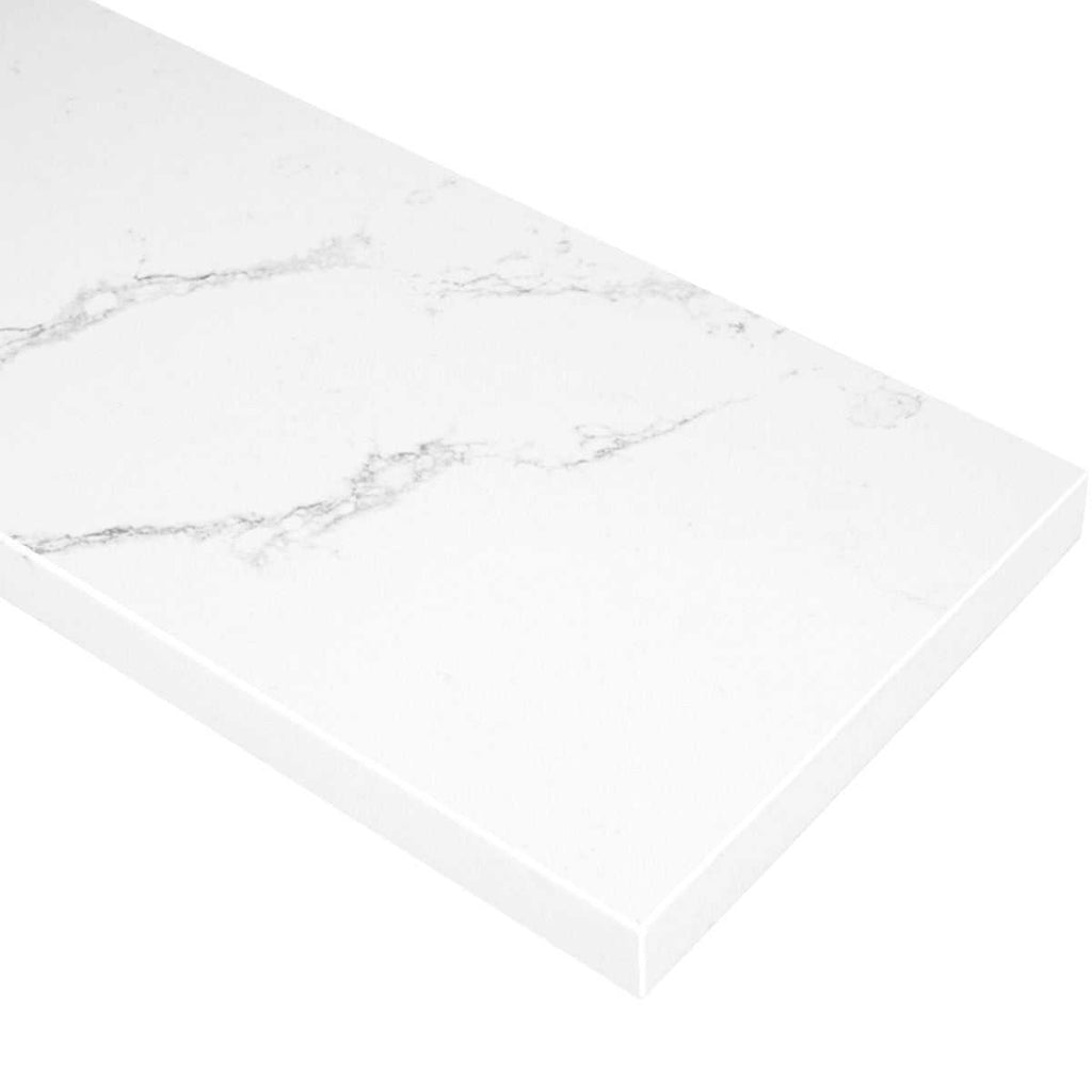 Calacata White Stone polished quartz knee wall cap with gray veining and bevelled edges