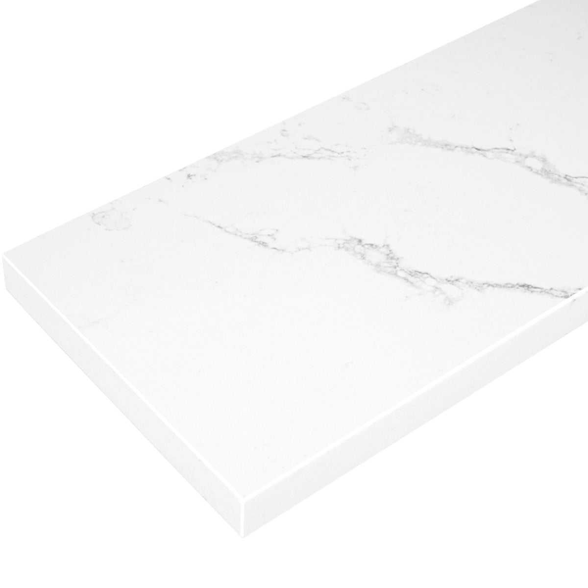 Calacata White Stone Quartz Engineered Knee Wall Cap with Polished Finish and Gray Veining