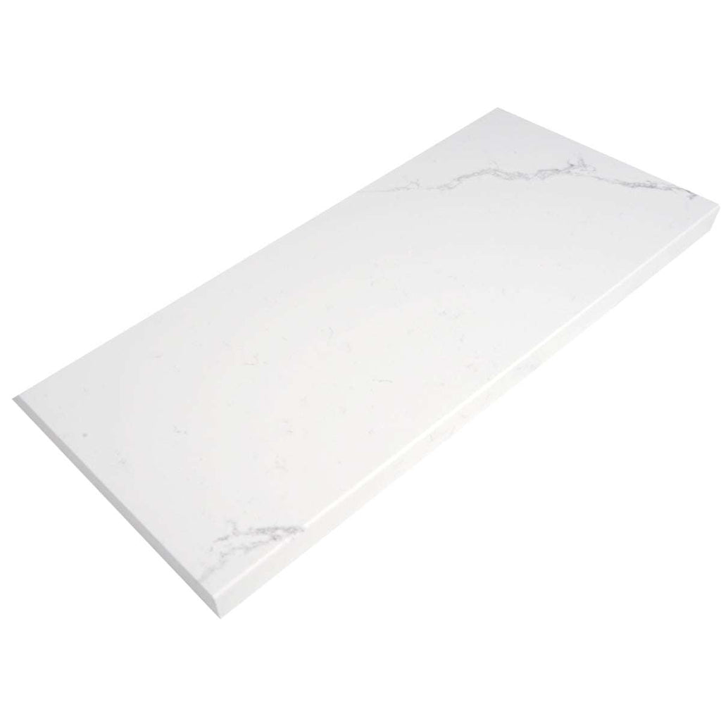 Polished white Calacata stone niche shelf with gray veining for shower storage