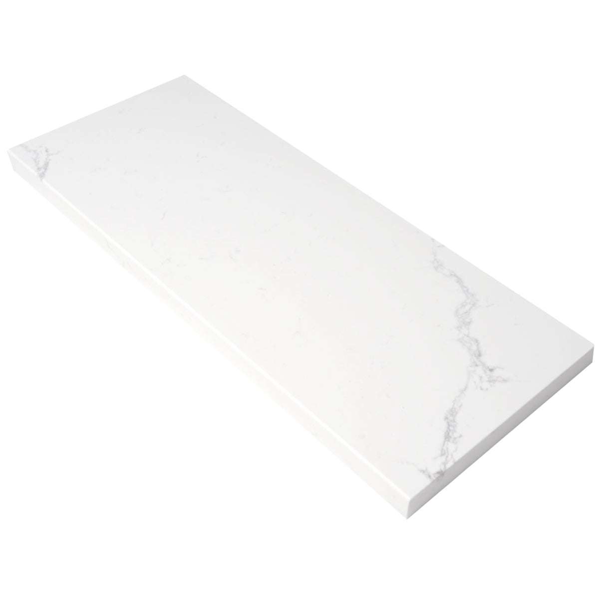 Calacata stone white quartz engineered niche shelf with polished finish and bevelled edge for shower storage