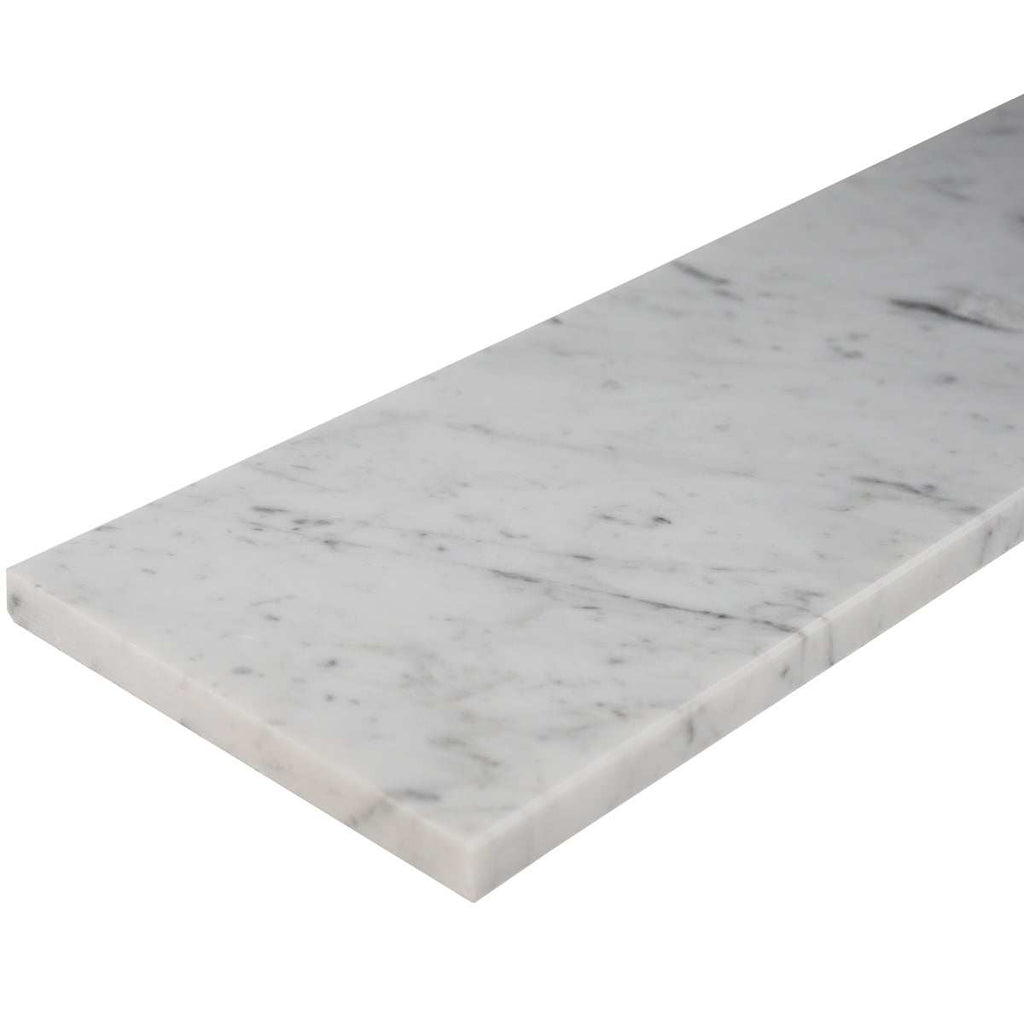 Carrara white marble shower curb with polished finish and beveled edges in natural stone for bathroom use