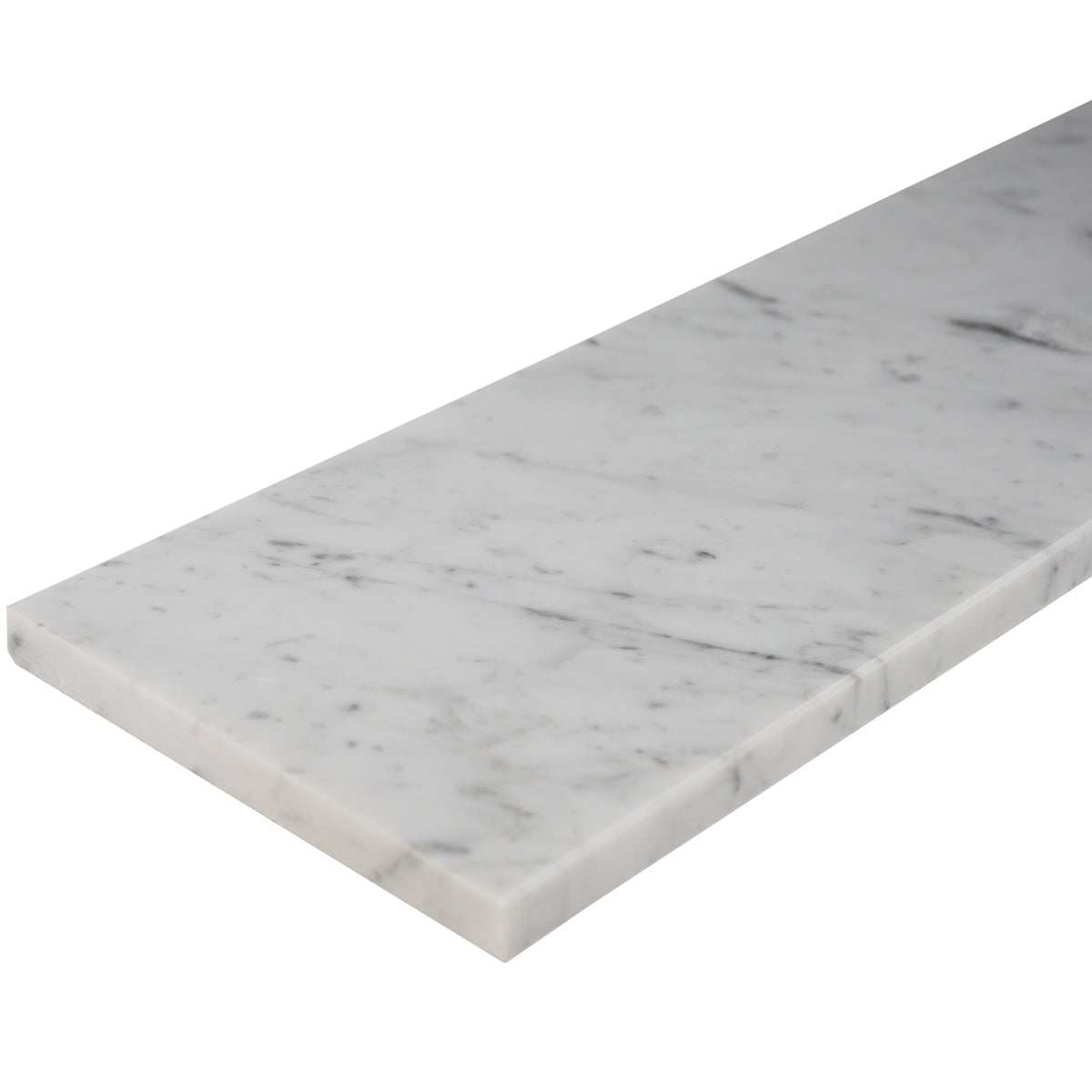 Carrara white marble shower curb with polished finish and beveled edges in natural stone for bathroom use