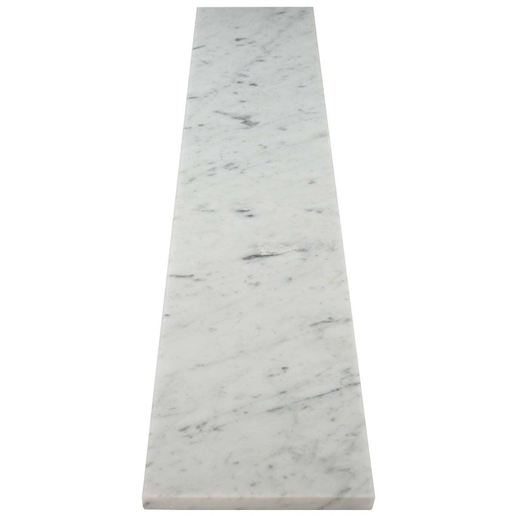 Carrara white marble shower curb with polished finish and beveled edges