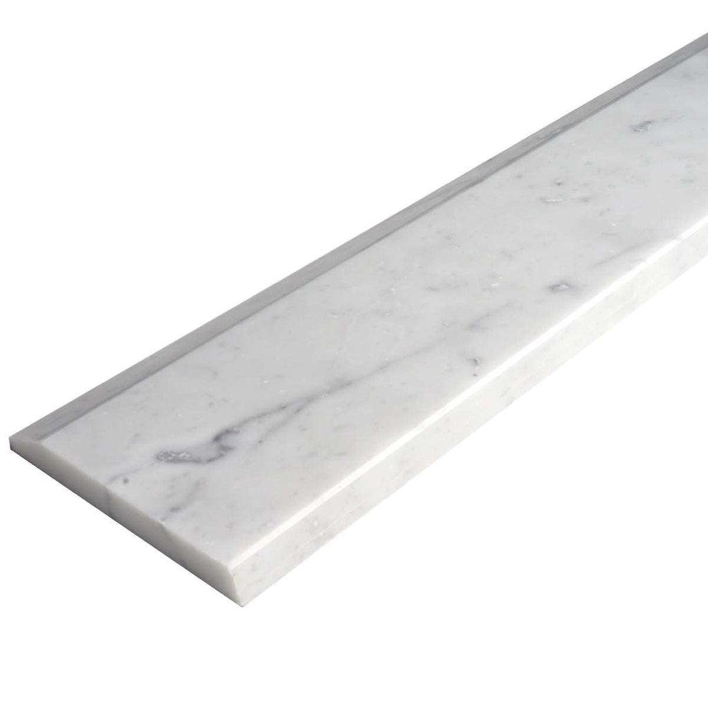 Carrara white marble single Hollywood saddle threshold with polished finish and beveled edge for smooth floor transitions