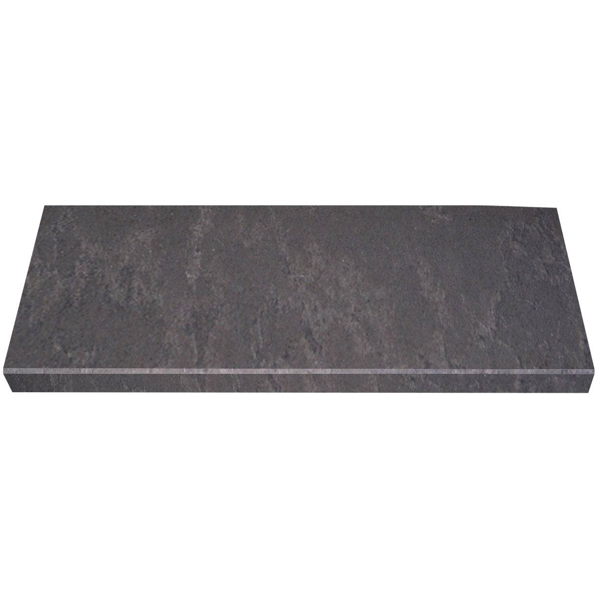 Dark grey quartz engineered stone niche shelf with honed finish and beveled edge