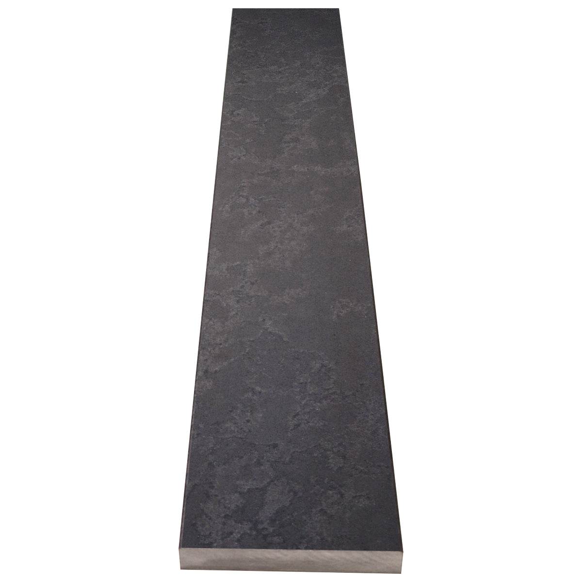 Dark grey quartz engineered stone shower curb with honed matte finish and beveled edges