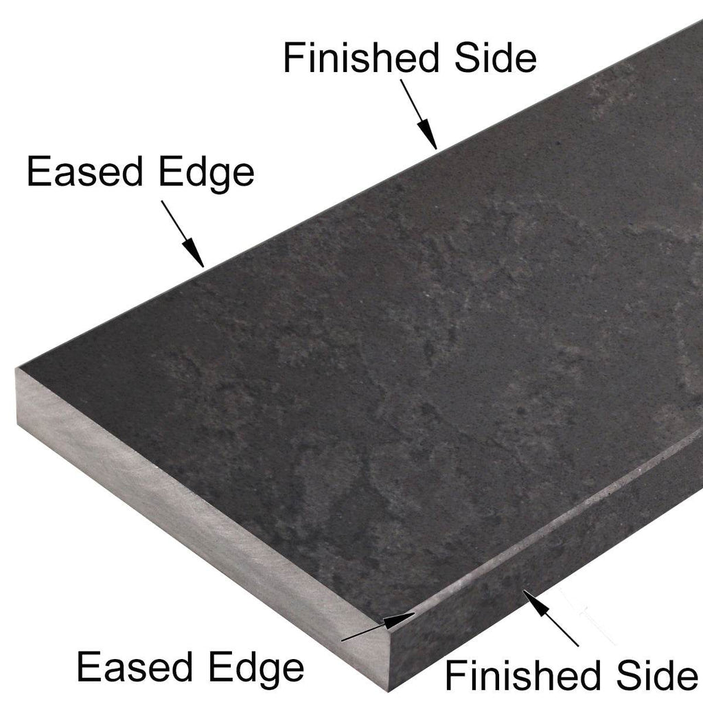 Dark grey honed matte quartz engineered stone saddle threshold with beveled edges and industrial concrete look