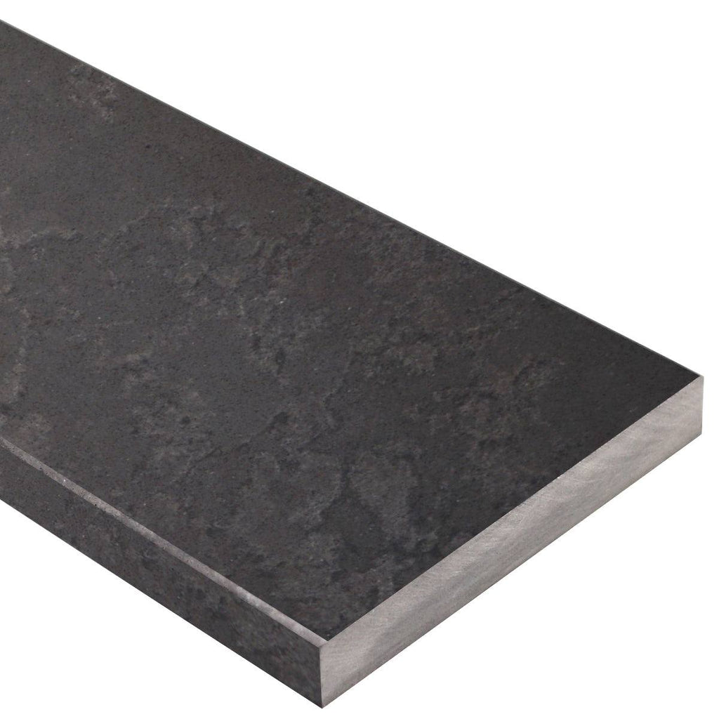 Dark grey quartz engineered stone shower curb with honed matte finish and bevelled edges