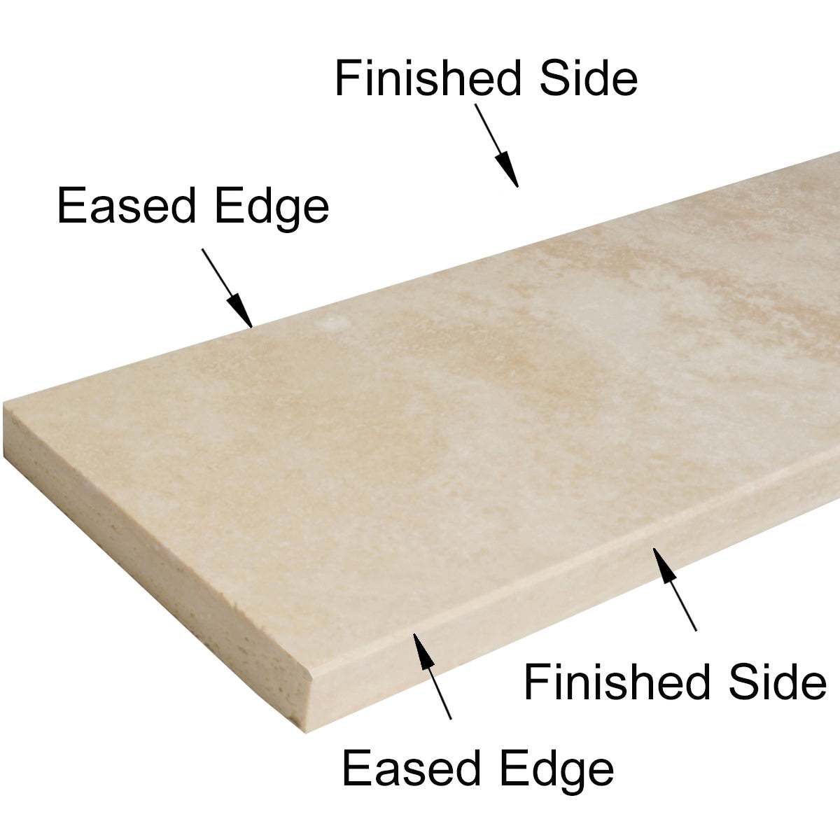 Ivory Light Travertine beige honed finish stone shower curb with beveled edges