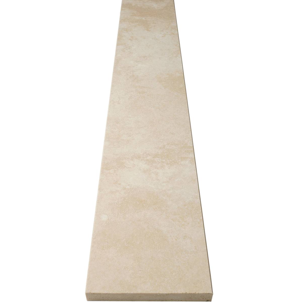Ivory Light Travertine beige honed finish stone shower curb with bevelled edges and 3/4 inch thickness