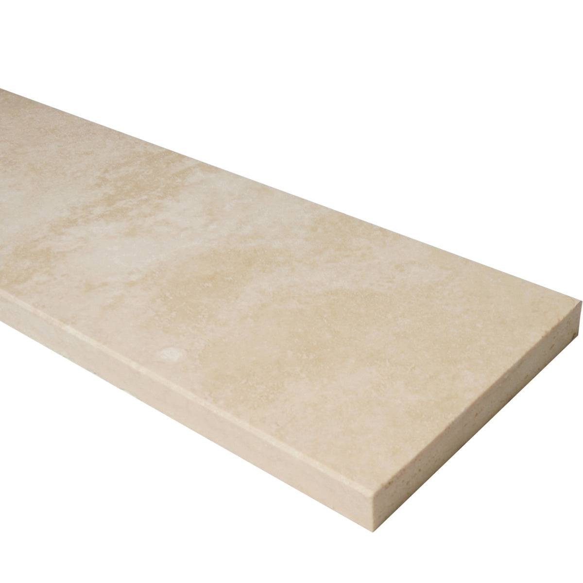 Ivory Light Travertine honed shower curb in beige natural stone with beveled edges