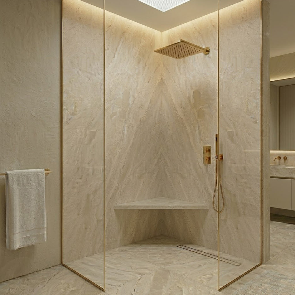 Madreperola Creamy Beige Stone Triangle Corner Shower Seat