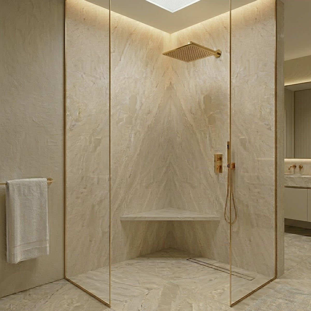 Madreperola Creamy Beige Stone Triangle Corner Shower Seat