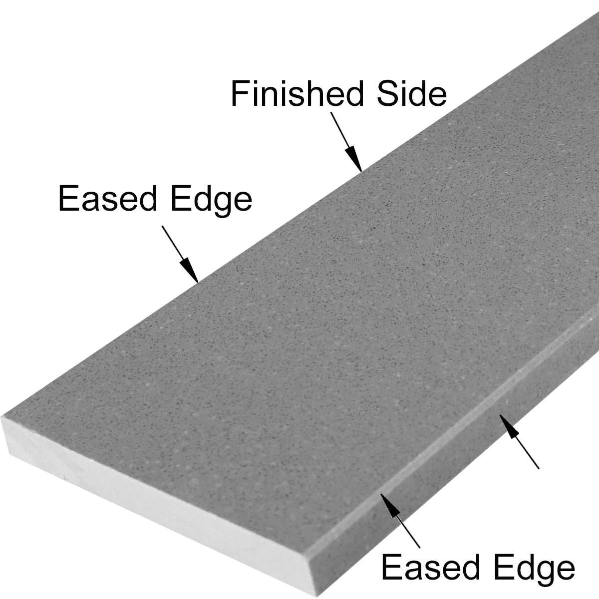 Midnight Grey Stone polished quartz shower curb with beveled edges in medium cool grey with blue undertone