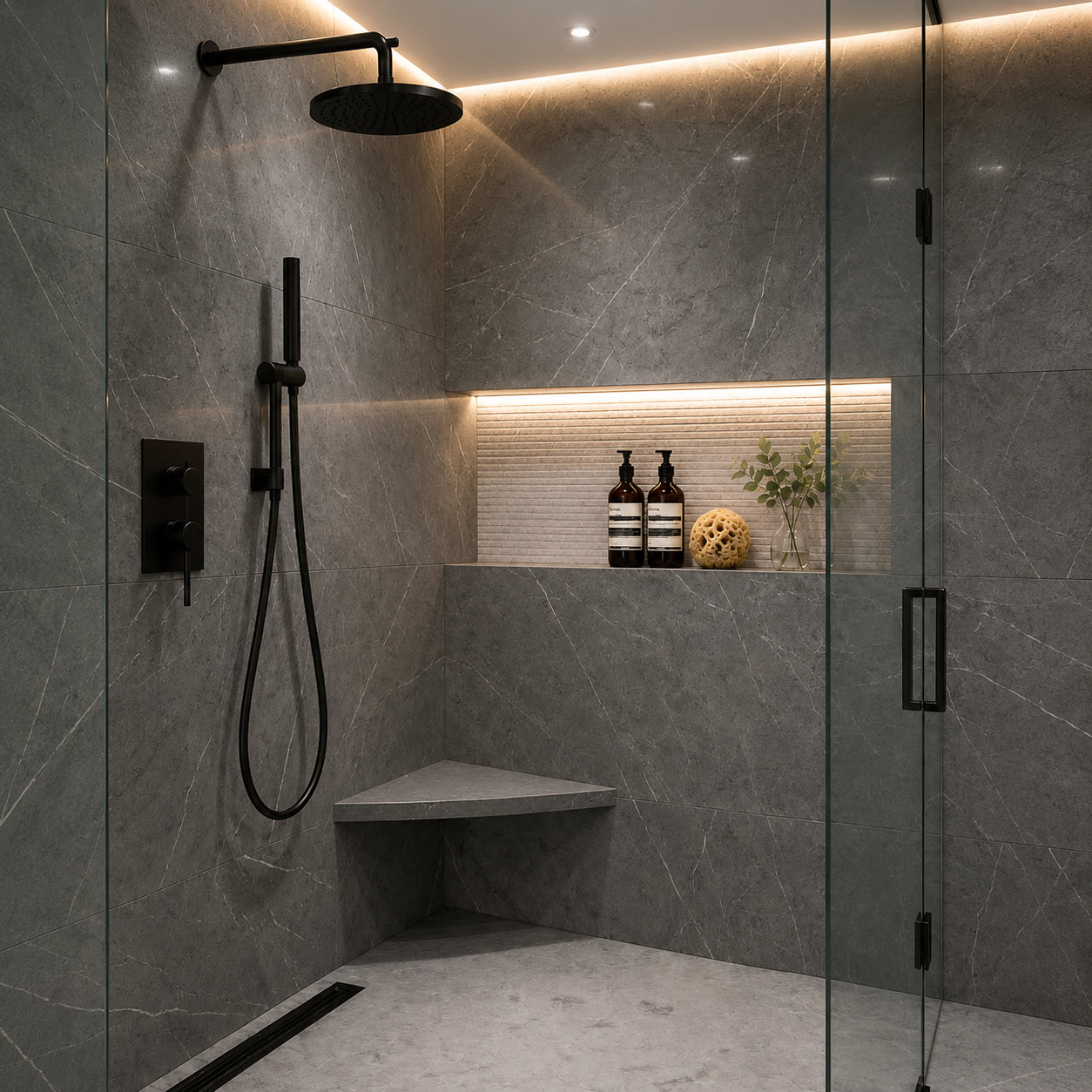 Mocha Grey Stone Triangle Corner Shower Seat