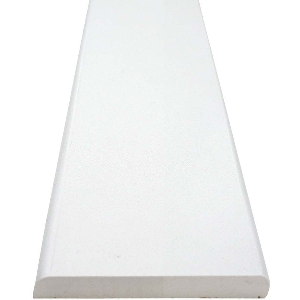 Pure White Stone quartz engineered bullnose edge saddle threshold in polished white finish, 3/4 inch thick, for smooth flooring transitions