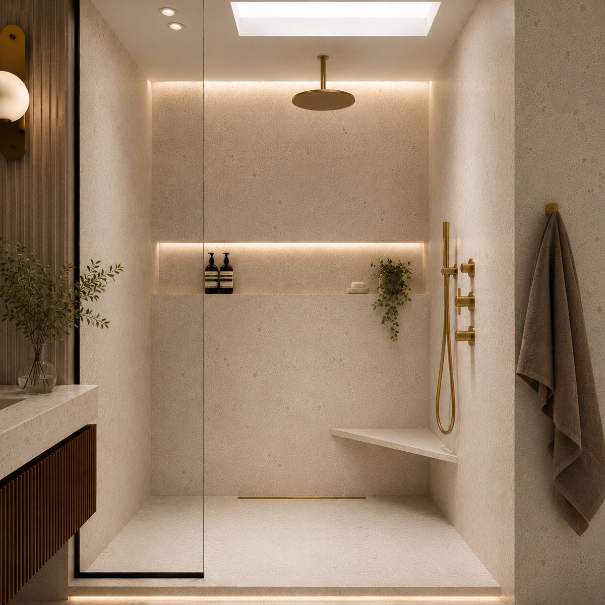 Signature Light Beige Stone Triangle Corner Shower Seat