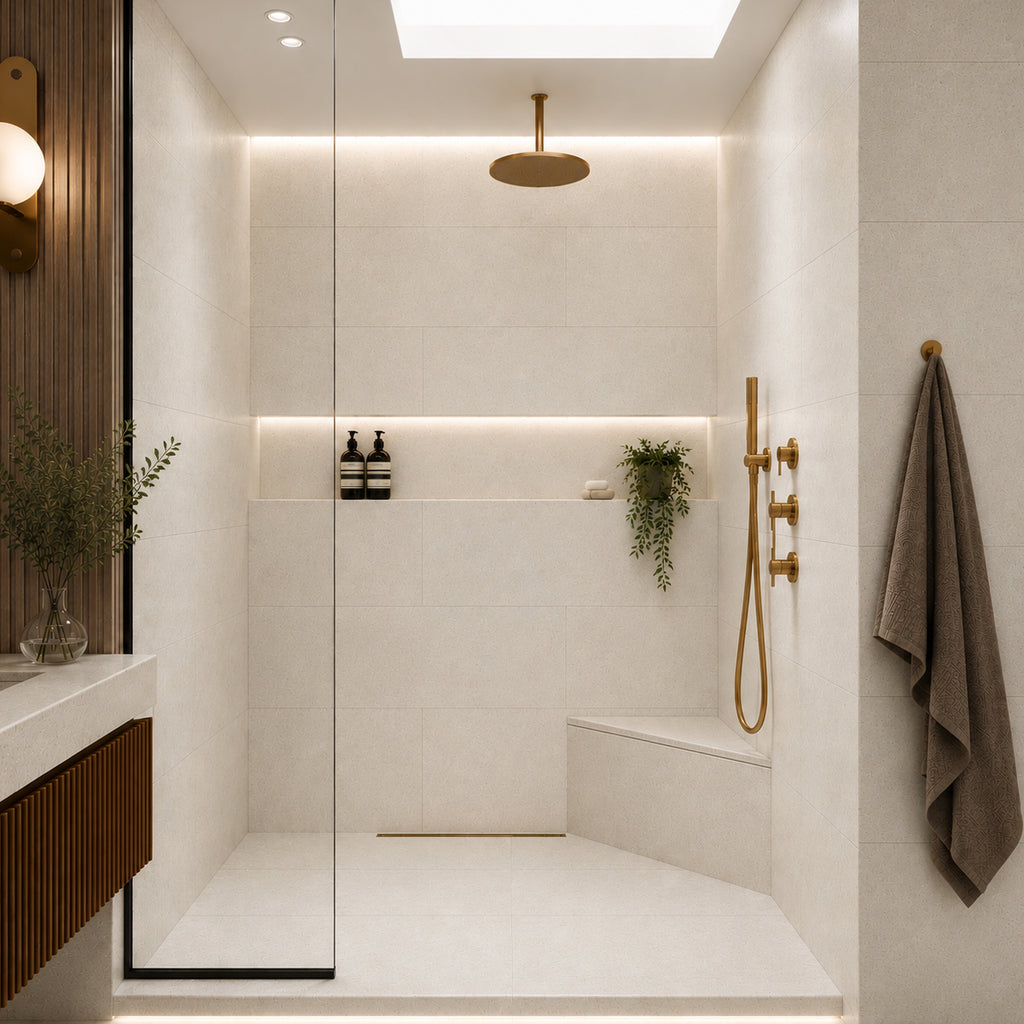 Signature Light Beige Stone Triangle Corner Shower Seat