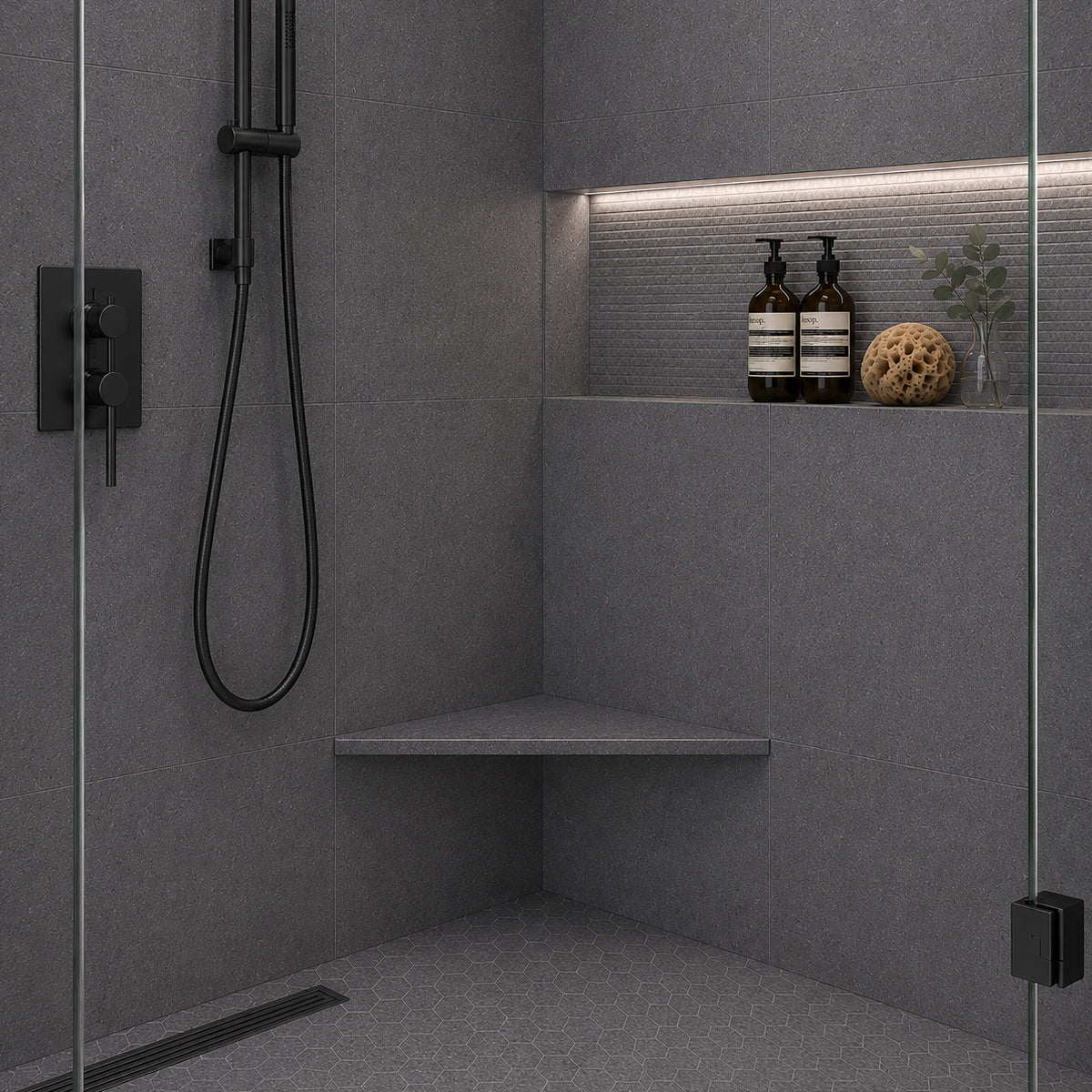 Space Grey Stone Triangle Corner Shower Seat