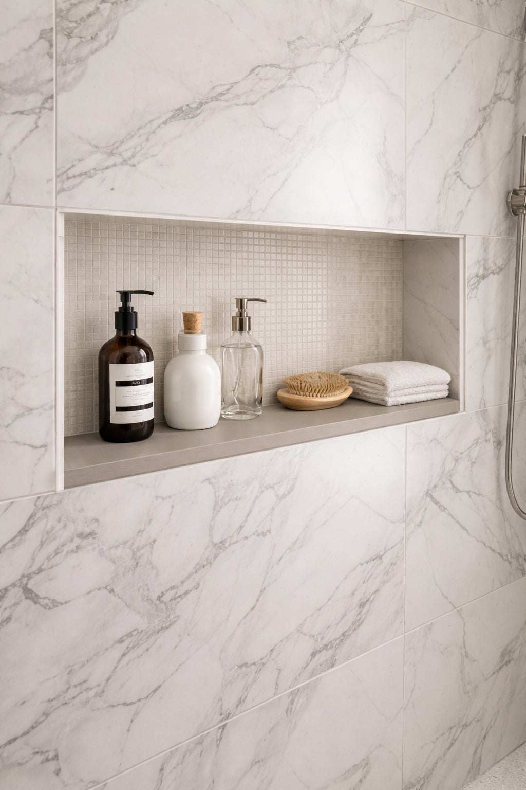 Taupe grey quartz engineered stone knee wall cap with polished finish and subtle speckling