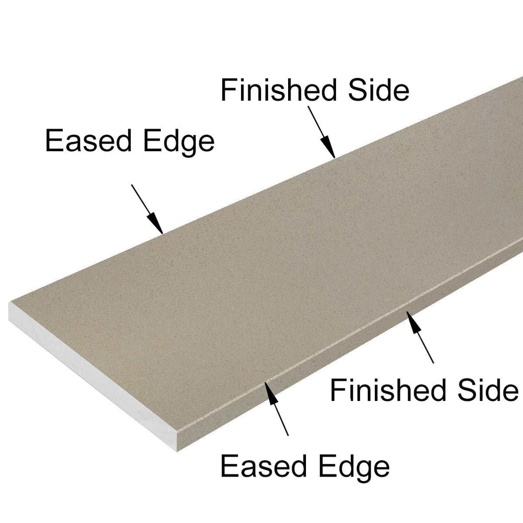 Taupe grey stone quartz engineered saddle threshold with polished finish and subtle micro-speckling in grey tones