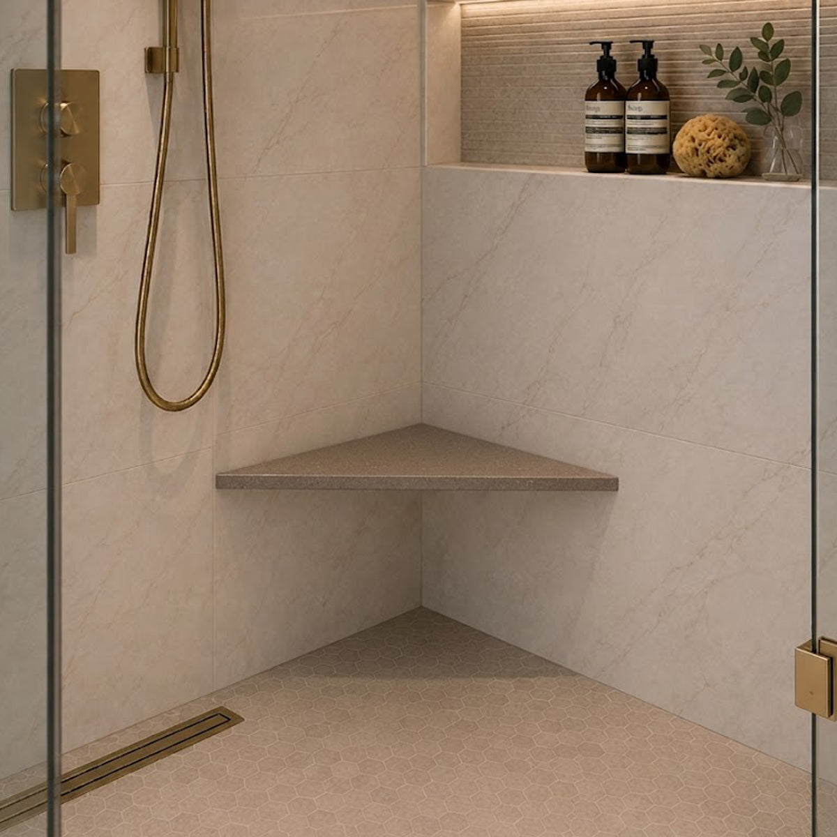 Taupe Grey Stone Triangle Corner Shower Seat
