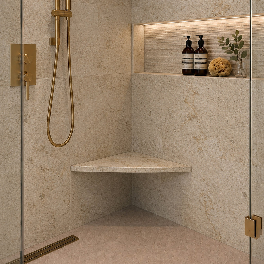 Walnut Brown Stone Triangle Corner Shower Seat